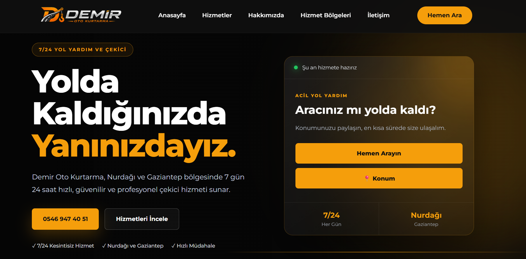 Demir Oto Kurtarma web sitesi ana sayfası